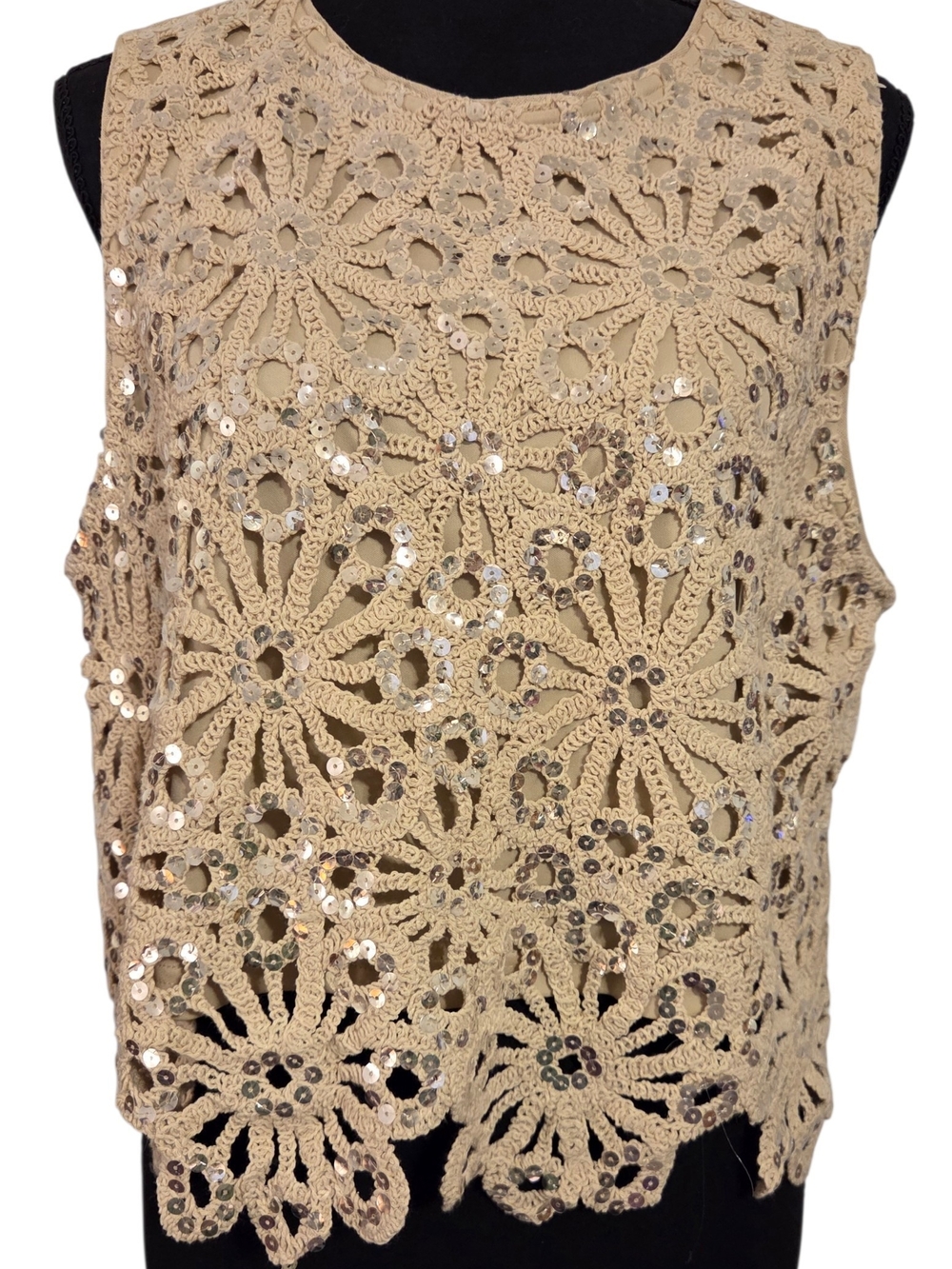 Lauren Conrad Sleeveless Boho Granola Sequin Crochet Top - Beige, NWT Size L